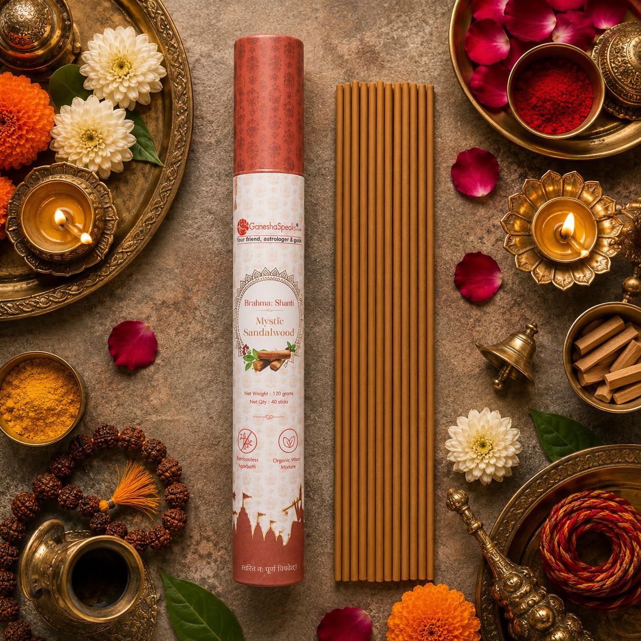 GaneshaSpeaks Premium Bambooless Incense Sticks with Sandalwood Fragrance 40 Pieces Handcrafted by Skilled Artisans Eco-Friendly Agarbatti Free Ceramic Stand