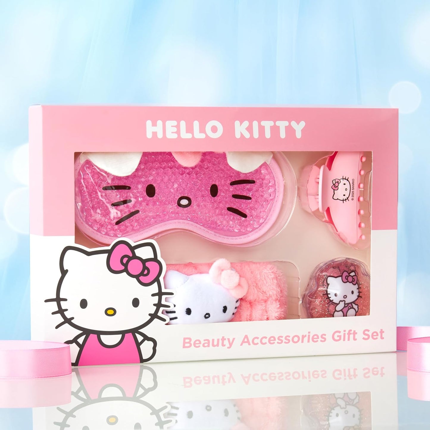 Hello Kitty Sanrio Beauty Set for Women, Teens with Cooling Gel Eye Mask, Plush Skincare Headband, Claw Clip, Eye Pads, Kawaii Gifts for Women (Pink Hello Kitty)