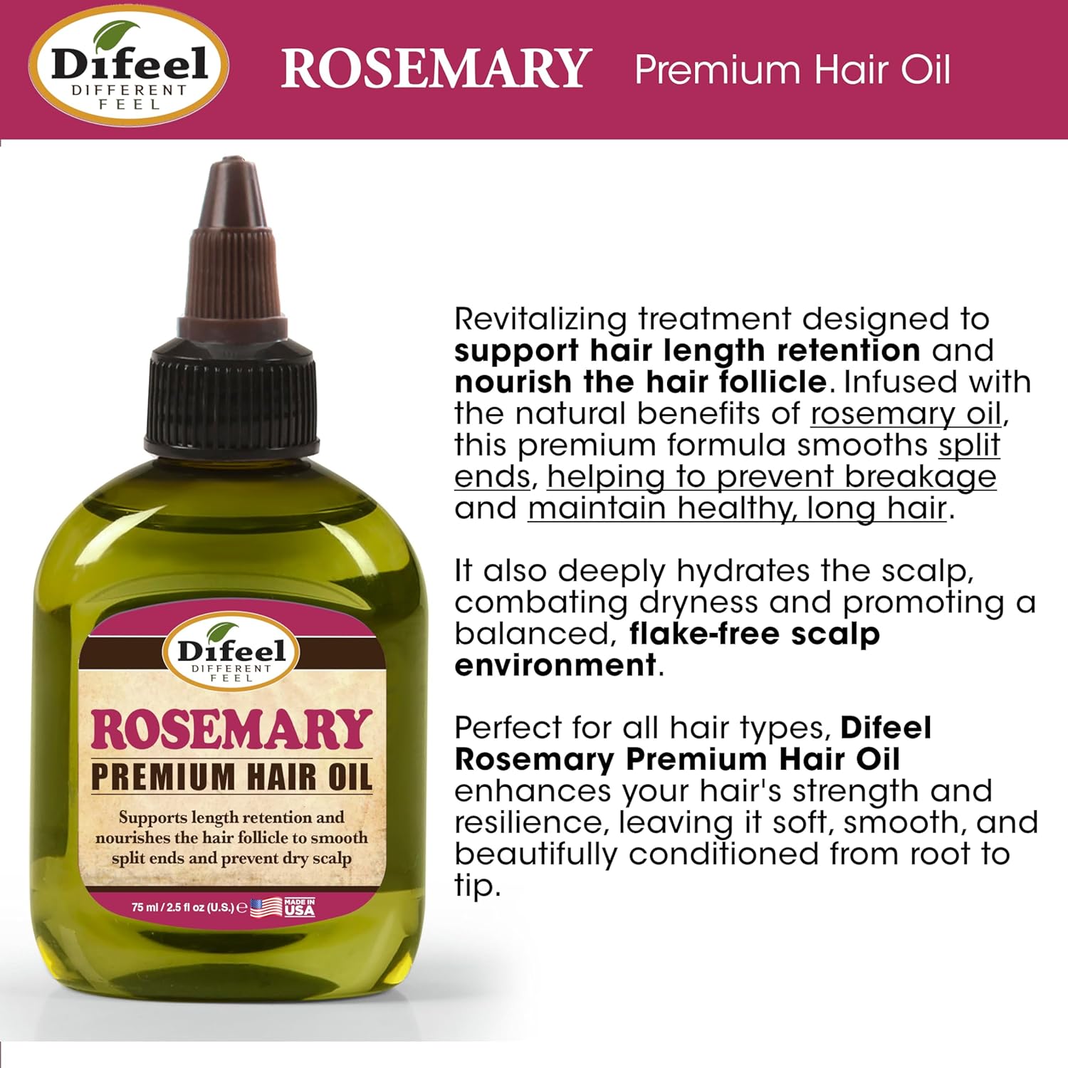 Difeel Rosemary Premium Hair Oil 2.5 oz. - Rosemary Oil Hair Treatment