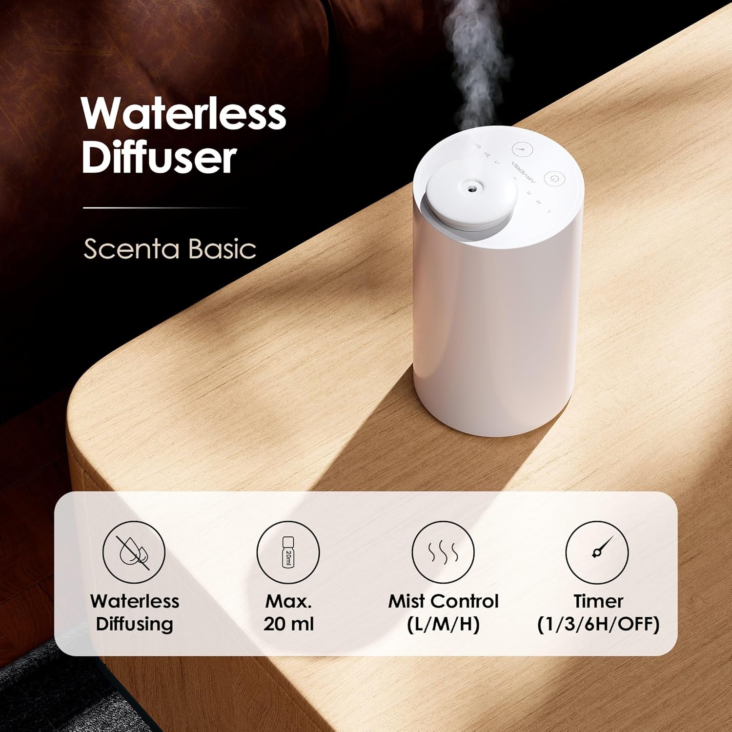 Airversa Waterless Essential Oil Diffuser Starter Kit with 2x20mL Hotel Fragrance Oils, Cordless Nebulizer for Car Home Office, Up to 600 sq ft, Mist/Timer Settings, Baterry Operated, AN6Kit-B, White