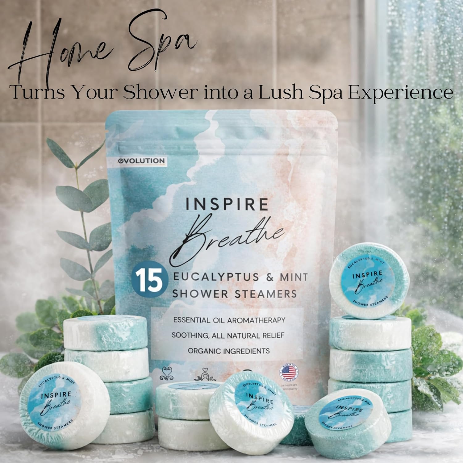 EvolutionUSA Inspire Breathe Shower Steamers – 15 Mint & Eucalyptus Shower Steamers for Women & Men, Vapor Shower Tablets, Self Care Shower Bombs, Luxury Gift for Christmas or Birthday, Spa Gift