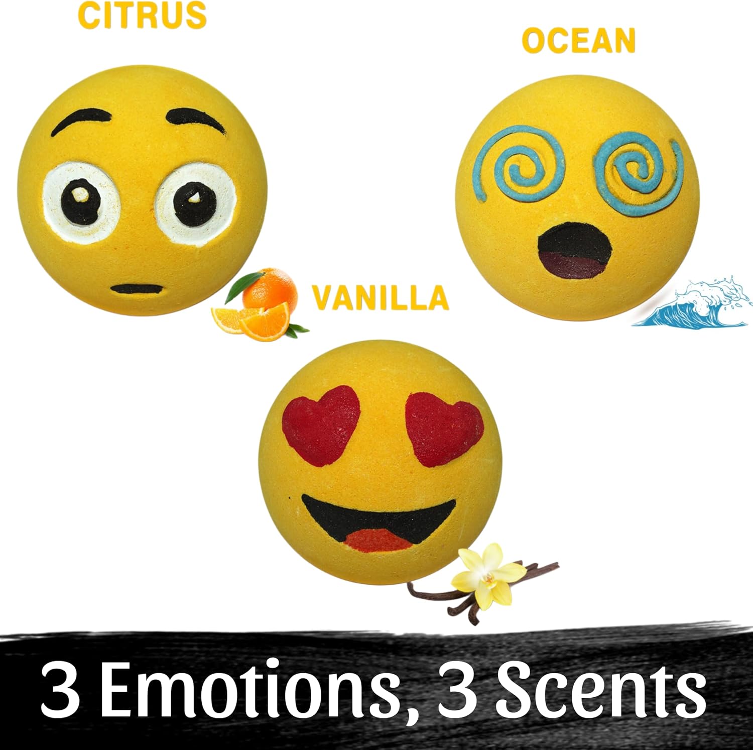 HZEX 3 Large Emotion Face Bath Bombs (250g) – Fun Emoji-Inspired Spa Fizzies – Handmade with Shea Butter, Cocoa Butter & Essential Oils – Moisturizing Gift Set for Women, Men & Kids