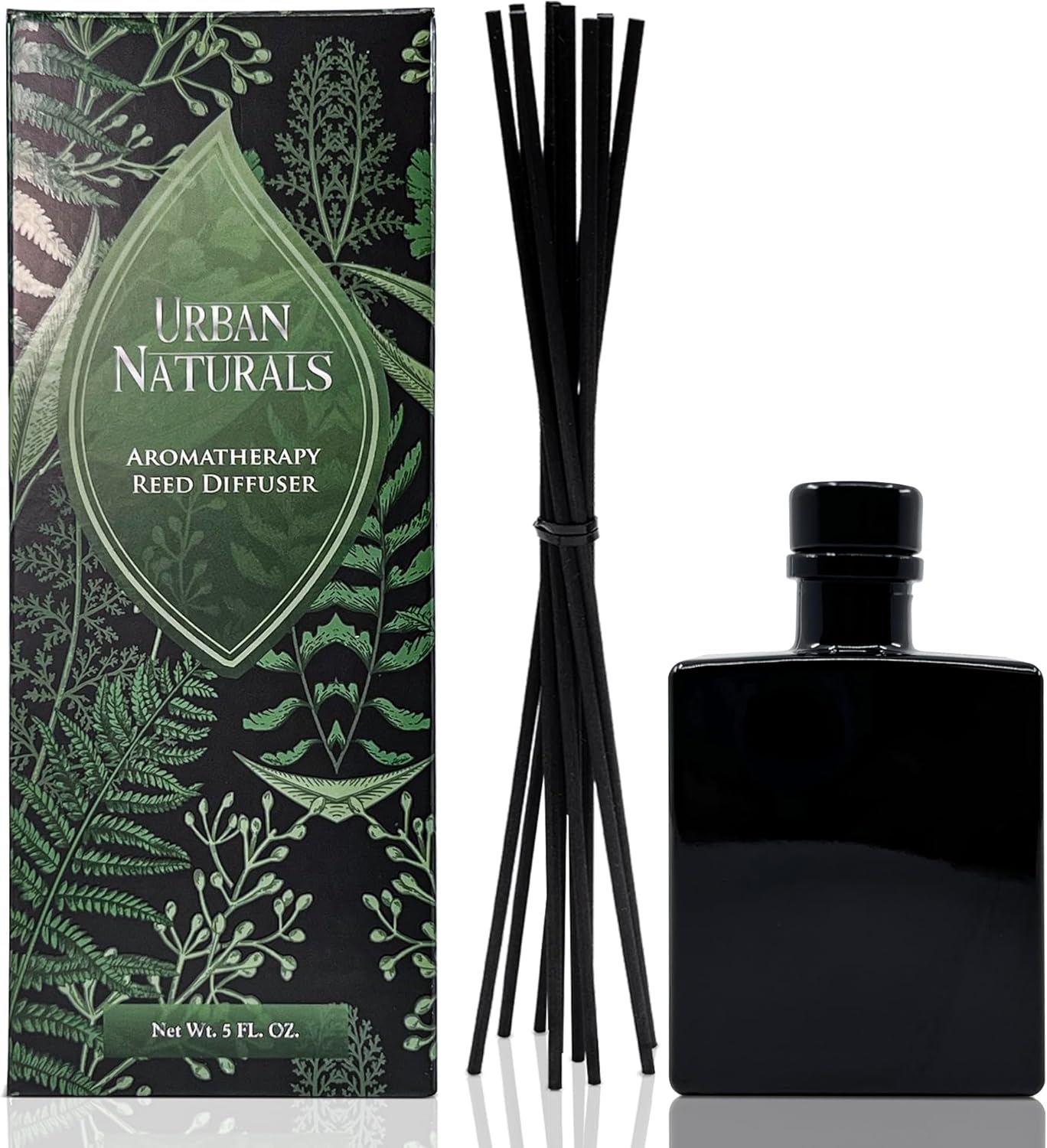 Urban Naturals Balsam Forest Reed Diffuser Oil Set – Fraser Fir, Evergreen, Pine, Woodsy Cedar and Sandalwood – 5 Ounce Sleek Black Rectangular Refillable Glass Bottle – Made in the USA