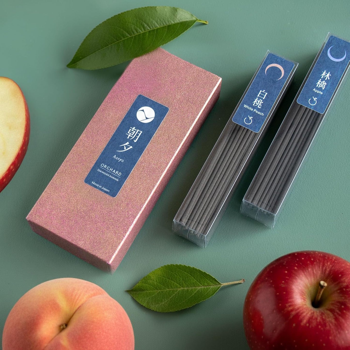 Asayu Japan Low Smoke Incense Sticks - Orchard Set (White Peach + Apple), 40gr (Each Scent 20g), for Yoga, Zen Meditation and Relaxation - Low Smoke for Less Irritation