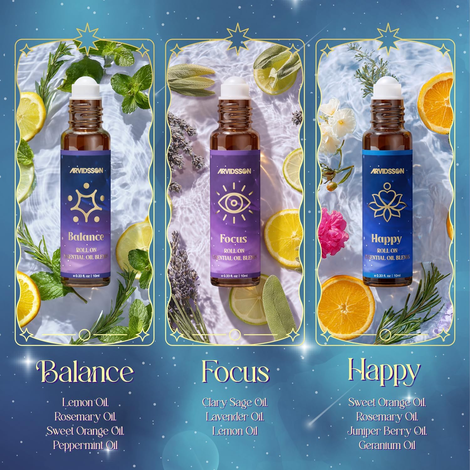 ARVIDSSON Essential Oils Roll On Set, Natural Self Care Essential Oil Blends Gift for Women - Sweet Dream, Unwind, Breahte, Balance, Focus, Happy, Aromatherapy Oil Roller for Body, Massage