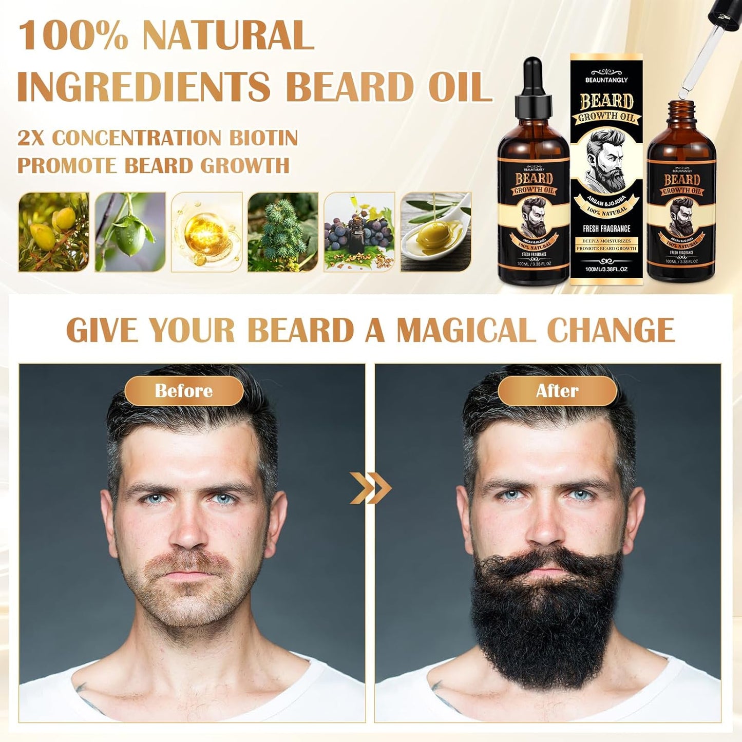 Beard Growth Oil for Men, 100% Natural Beard Oil with Argan Oil, Jojoba Oil, Castor Oil - 3.38 FL/100ML Fresh Fragrance Beard Conditioner Softens, Nourishes,Strengthens, Promotes Beard Growth