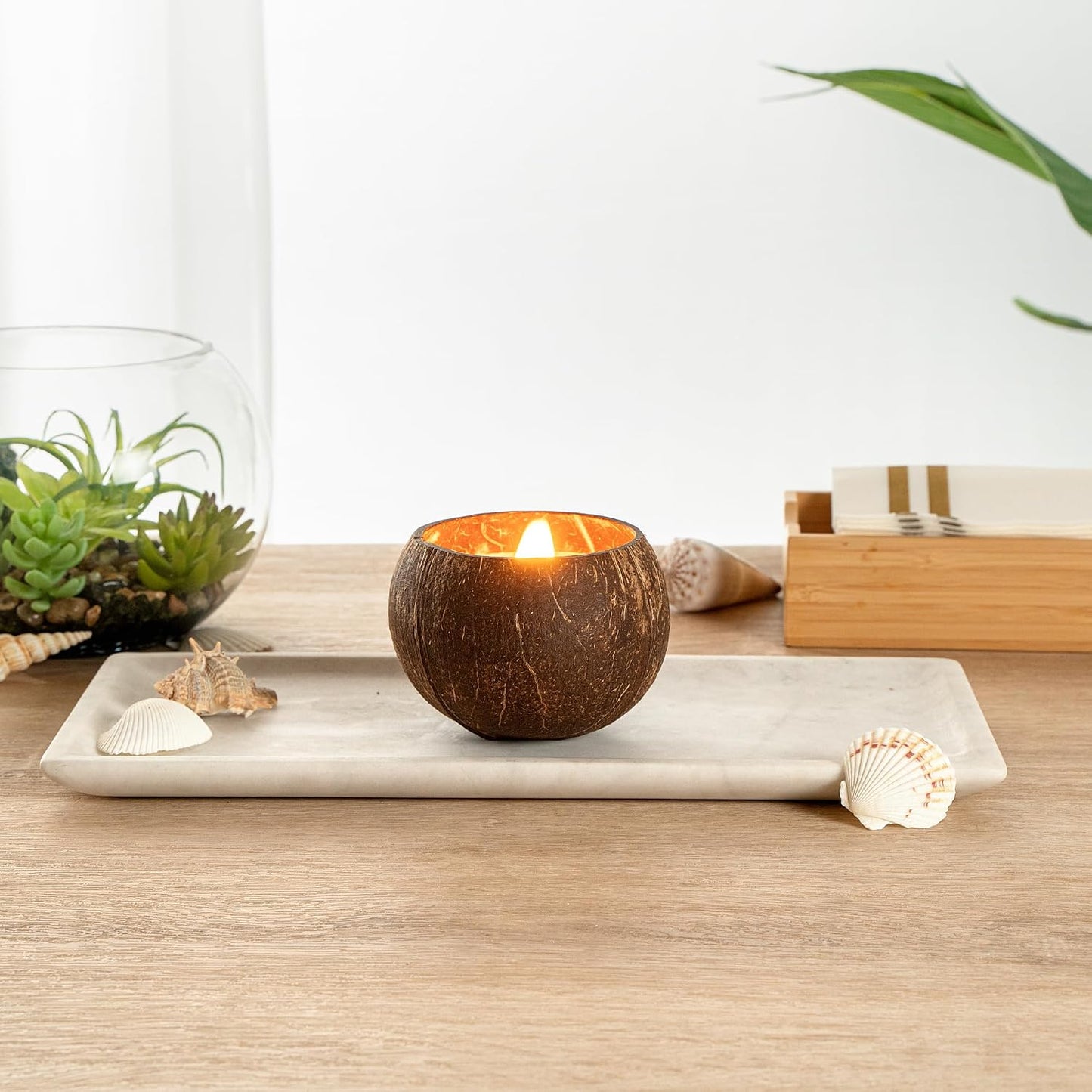 Restaurantware Coconut Shell Candle - 1 Soy Wax Candle 3.94 x 3.94 x 2.76 Inches - Handmade Decorative Candle Bowl with Wooden Wick - Small Brown Scented Candle