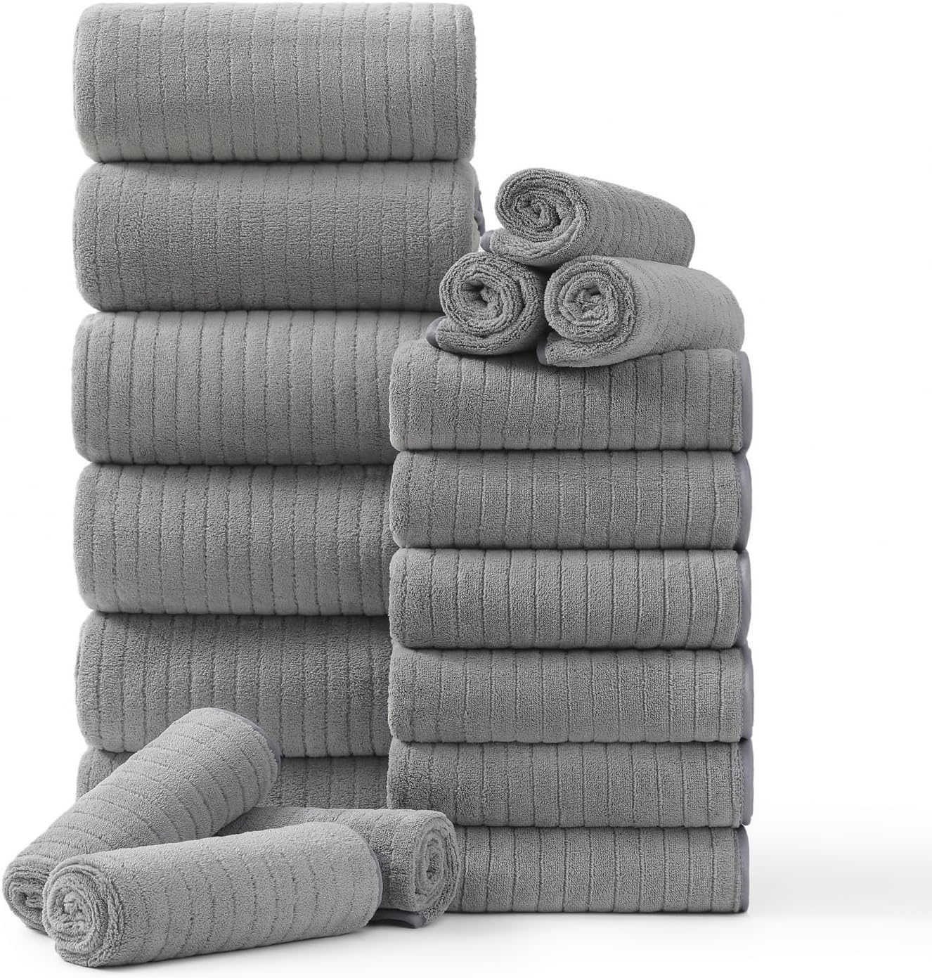 Hailea 18 Piece Family Bath Towel Set Include 6 Bath Towels,6 Hand Towels and 6 Washcloths Soft Bathroom Towel with Hanging Loops,Highly Absorbent Quick Dry Towels Set for Bathroom,Hotel and Spa-Grey