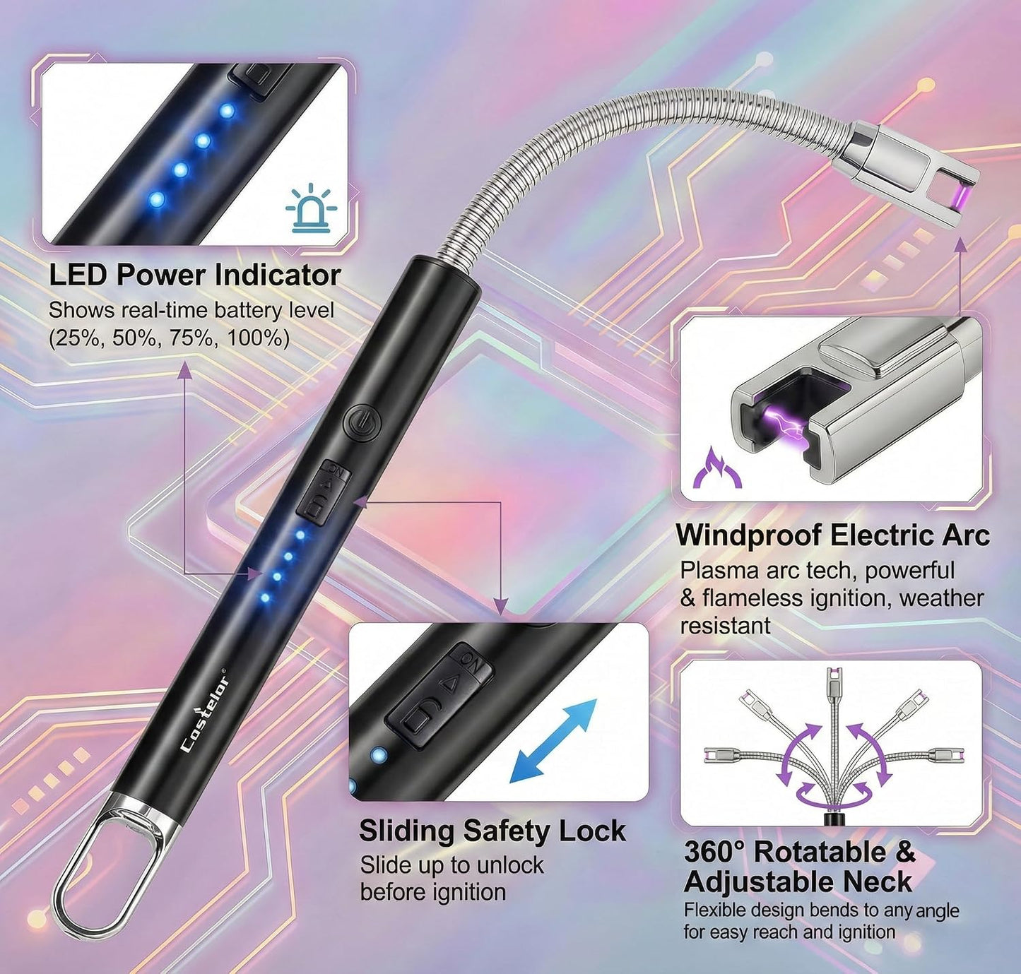 Castelar Electric Candle Lighter with Long Flexible Neck, USB Rechargeable Arc Lighter with Safety Lock for Candle, BBQ, Camping, Housewarming, and Birthday Gifts