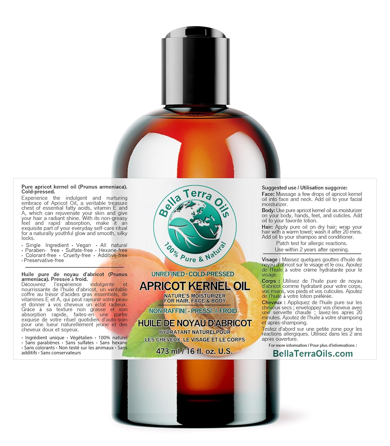 Bella Terra Oils - Organic Apricot Kernel Oil 16 oz - Cold-Pressed Nutritional Wonder, Packed with Antioxidants, Ideal Carrier Oils for Essential Oil Blends