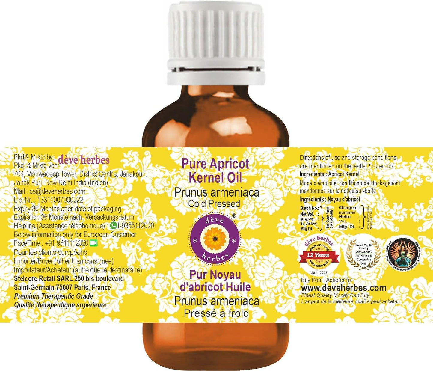 dève herbes Apricot Kernel Oil (Prunus armeniaca) | Cold Pressed | Pure | Natural | Undiluted | For Diluting Essential oils | For Skin & Massage | Non-Sticky | Lightweight | Men & Women | 30ml (1 oz)