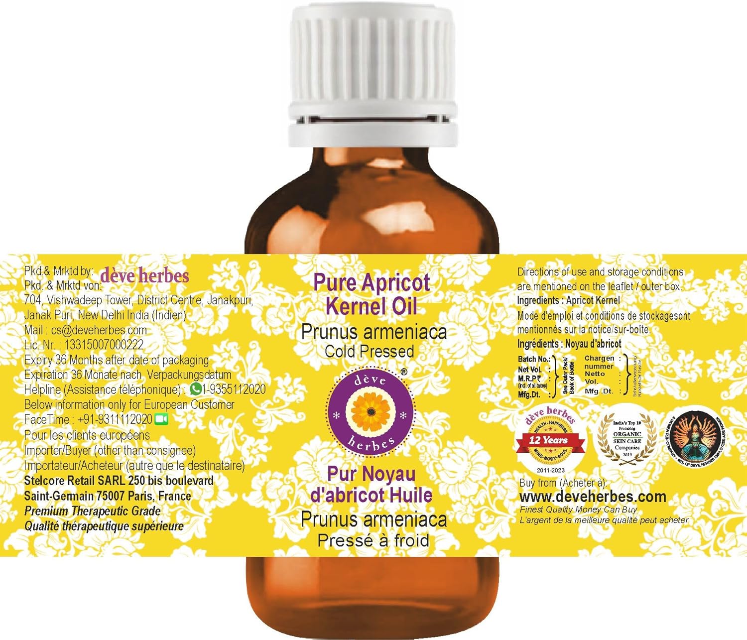 dève herbes Apricot Kernel Oil (Prunus armeniaca) | Cold Pressed | Pure | Natural | Undiluted | For Diluting Essential oils | For Skin & Massage | Non-Sticky | Lightweight | Men & Women | 30ml (1 oz)