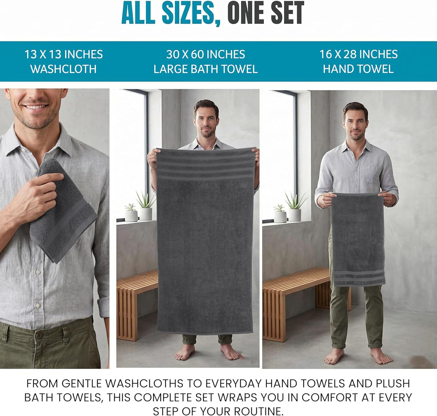 Utopia Towels 8 Piece Towel Set – Super Absorbent & Quicker-to-Dry, Thick 100% Ring Spun Cotton Towels for Bathroom, Spa & Hotel – 2 Bath, 2 Hand, 4 Washcloths, Grey