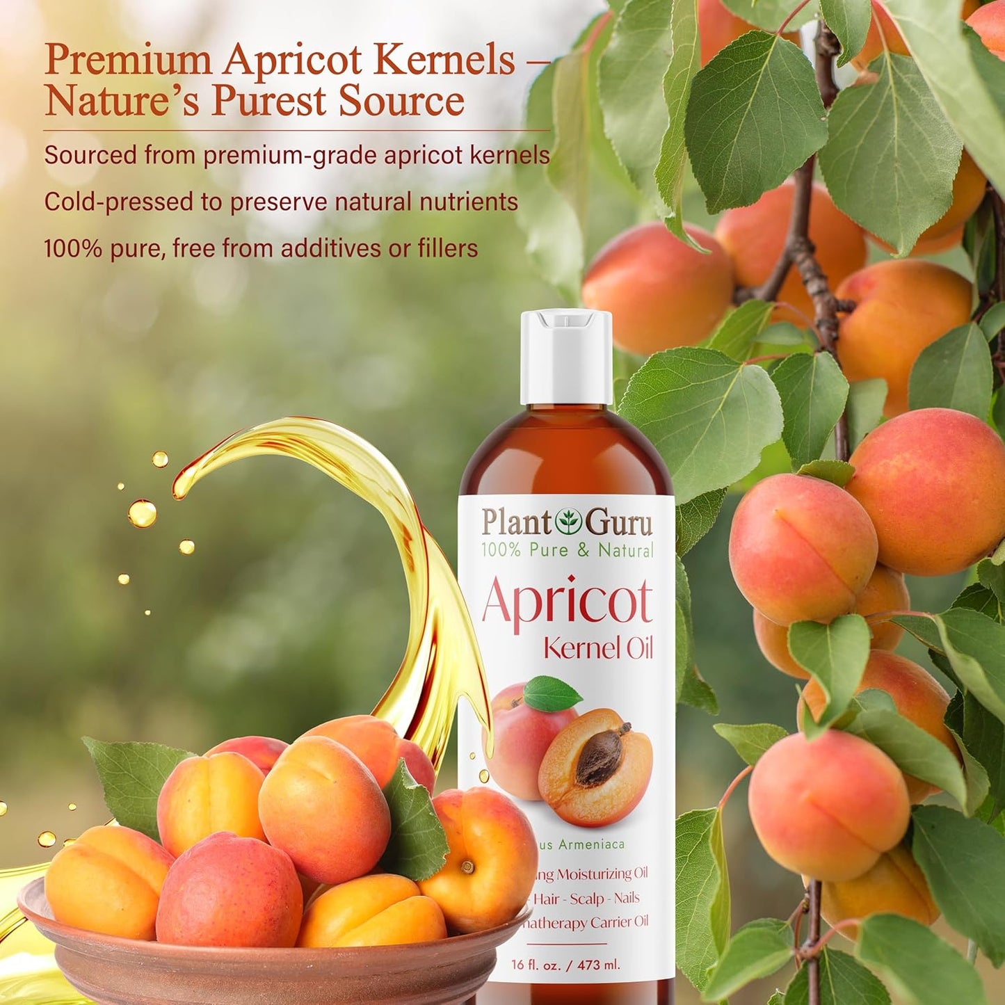 Apricot Kernel Oil 16 fl. oz. Cold Pressed 100% Pure Natural Carrier - Skin, Face, Body And Hair Growth Moisturizer. Great For DIY Cream, Lotions and Lip balm.