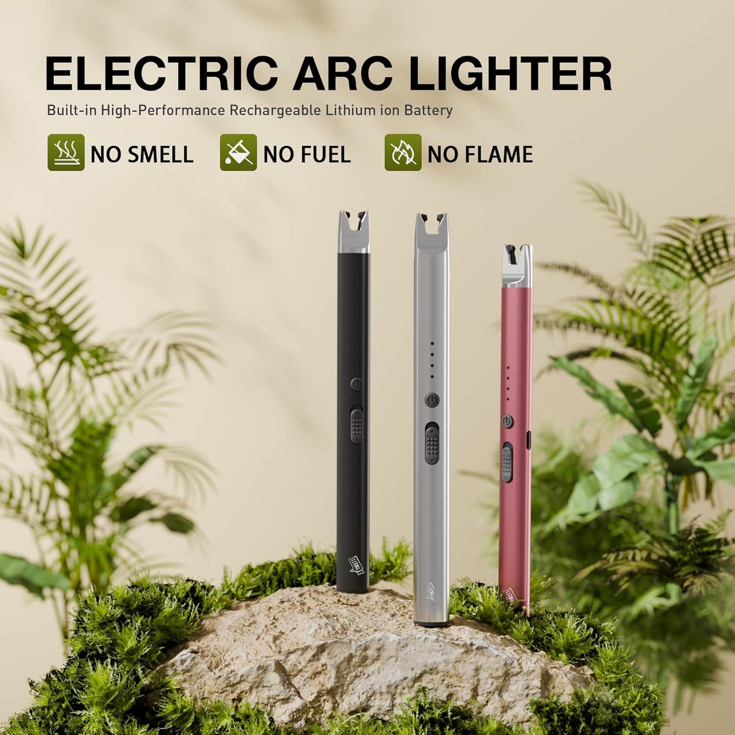 3-Pack Long Stem Electric USB C Rechargeable Plasma Candle Lighter, Windproof Arc Lighter with Safety Lock for Candles, Gas Stoves, Firestarter, Gift Set (Black, Rose Gold, Chrome)
