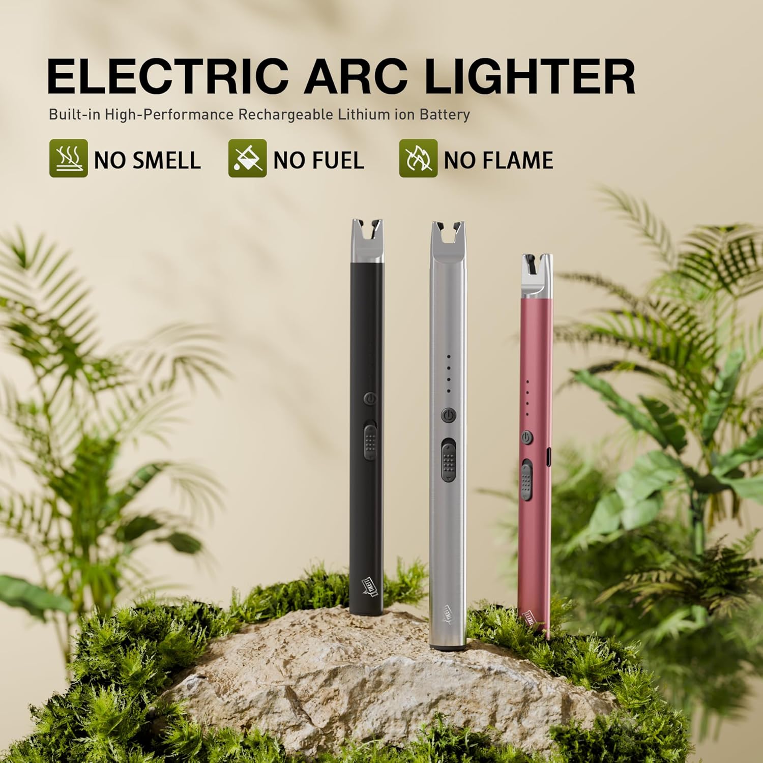 3-Pack Long Stem Electric USB C Rechargeable Plasma Candle Lighter, Windproof Arc Lighter with Safety Lock for Candles, Gas Stoves, Firestarter, Gift Set (Black, Rose Gold, Chrome)