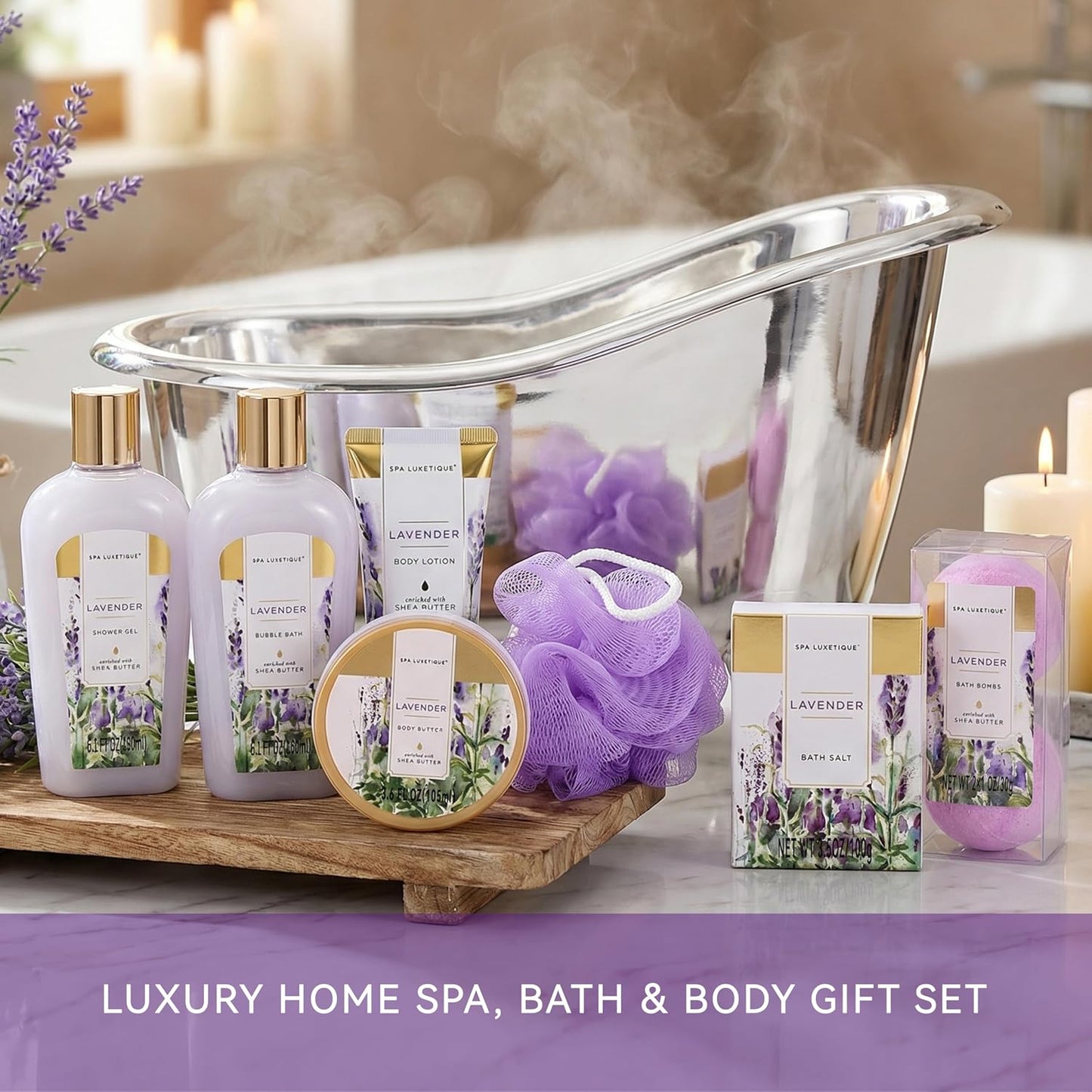 spa luxetique Spa Gift Baskets for Women, 8 Pcs Lavender Lotion Set with Bubble Bath, Shower Gel, Birthday Anniversary Self Care Kit for Her, Mothers Day Gifts for Mom
