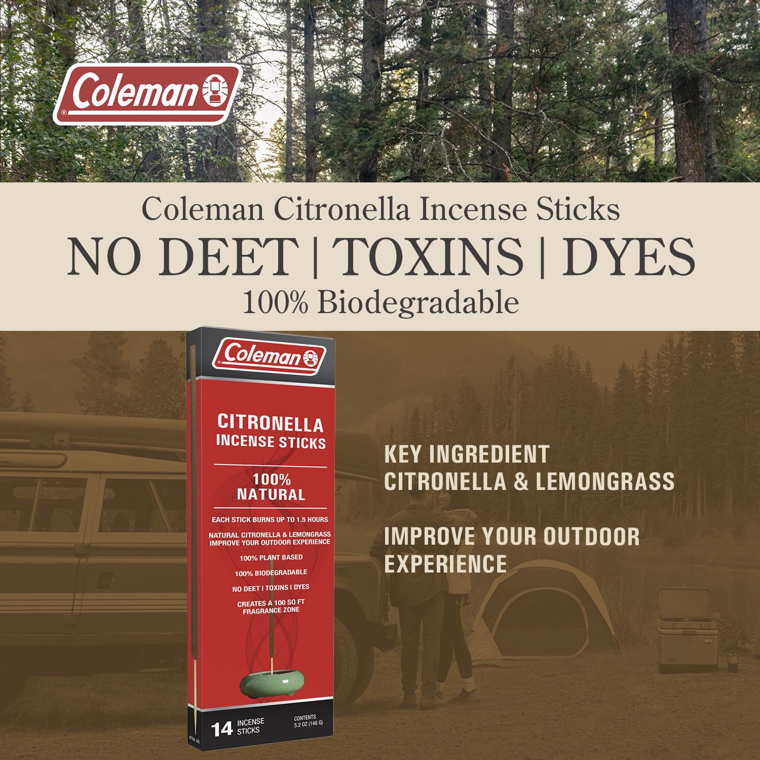 Coleman Citronella Incense Sticks, DEET Free with Natural Citronella and Lemongrass, 100% Plant Based, 100% Biodegradable, Up To 1.5h Burn Time per Stick, 14 Sticks