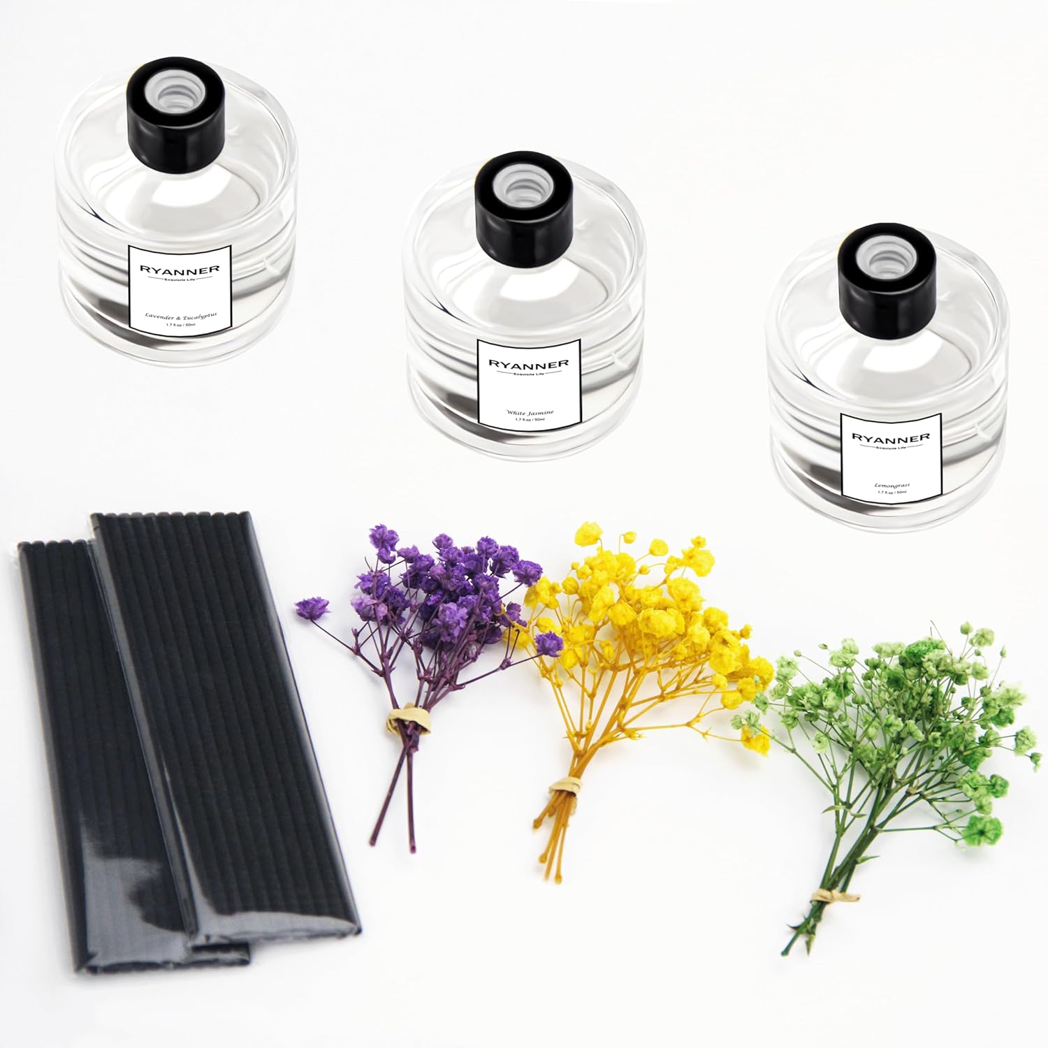 Reed Diffuser Set of 3 Pack,Lavender Eucalyptus/White Jasmine/Lemongrass Scented Oil Diffuser with 24 Sticks(1.7 fl oz Each Pack),Air Freshener for Bedroom Bathroom Office | Shelf Decor