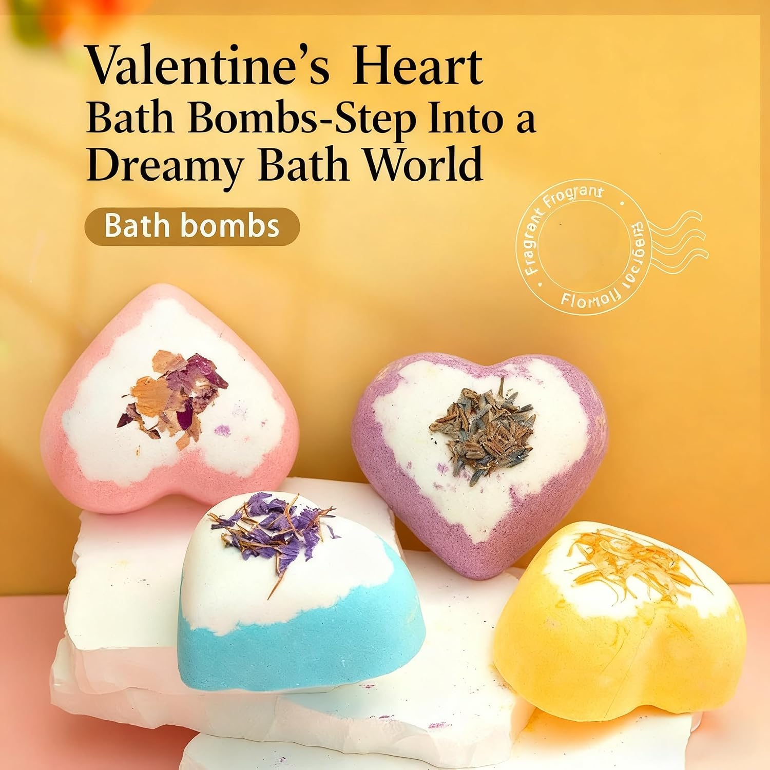 Luxury Valentine's Day Heart Bath Bombs Gift Set, 9 Large Moisturizing Bombs with Shea Butter, Natural Dried Flowers, Multiple Scents, Includes Rose Soap and Loofah