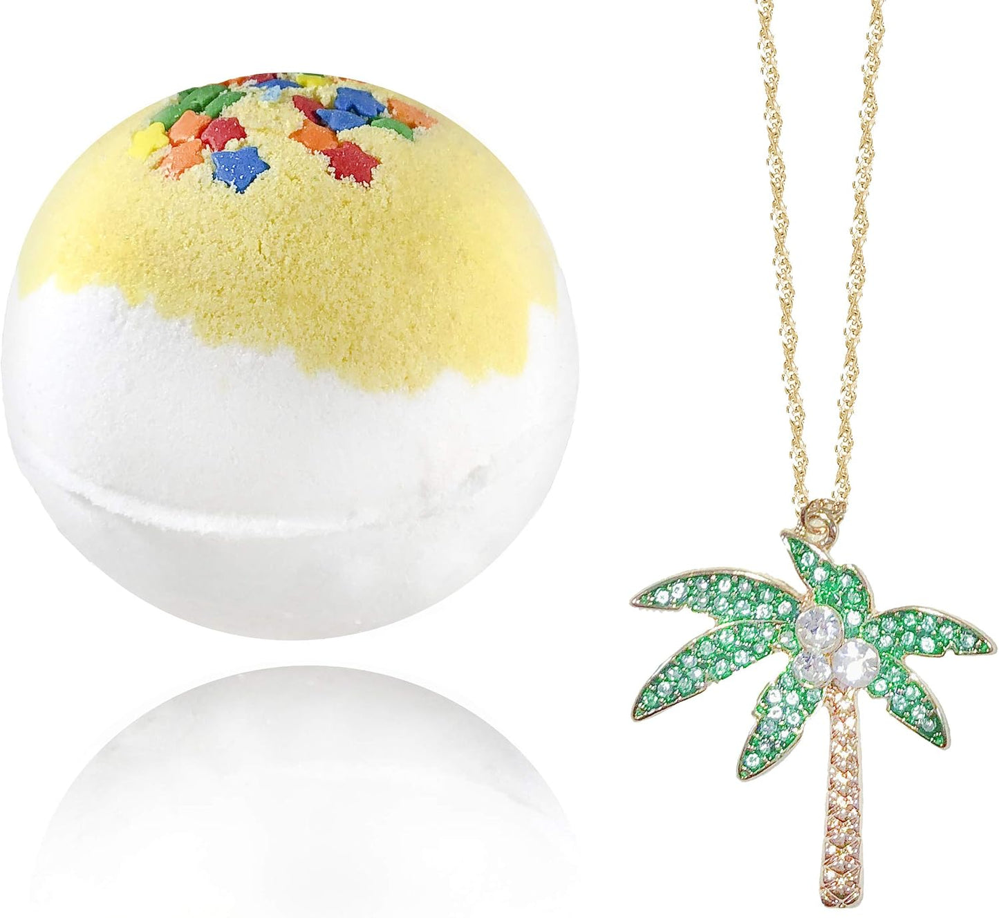 Handmade Bath Bombs with Jewelry Necklace Inside - Beautiful Palm Tree Inside - Fruity Scent with Treasures Inside - Organic Bathbomb in Gift Box for Women, Girls, Her, Mother