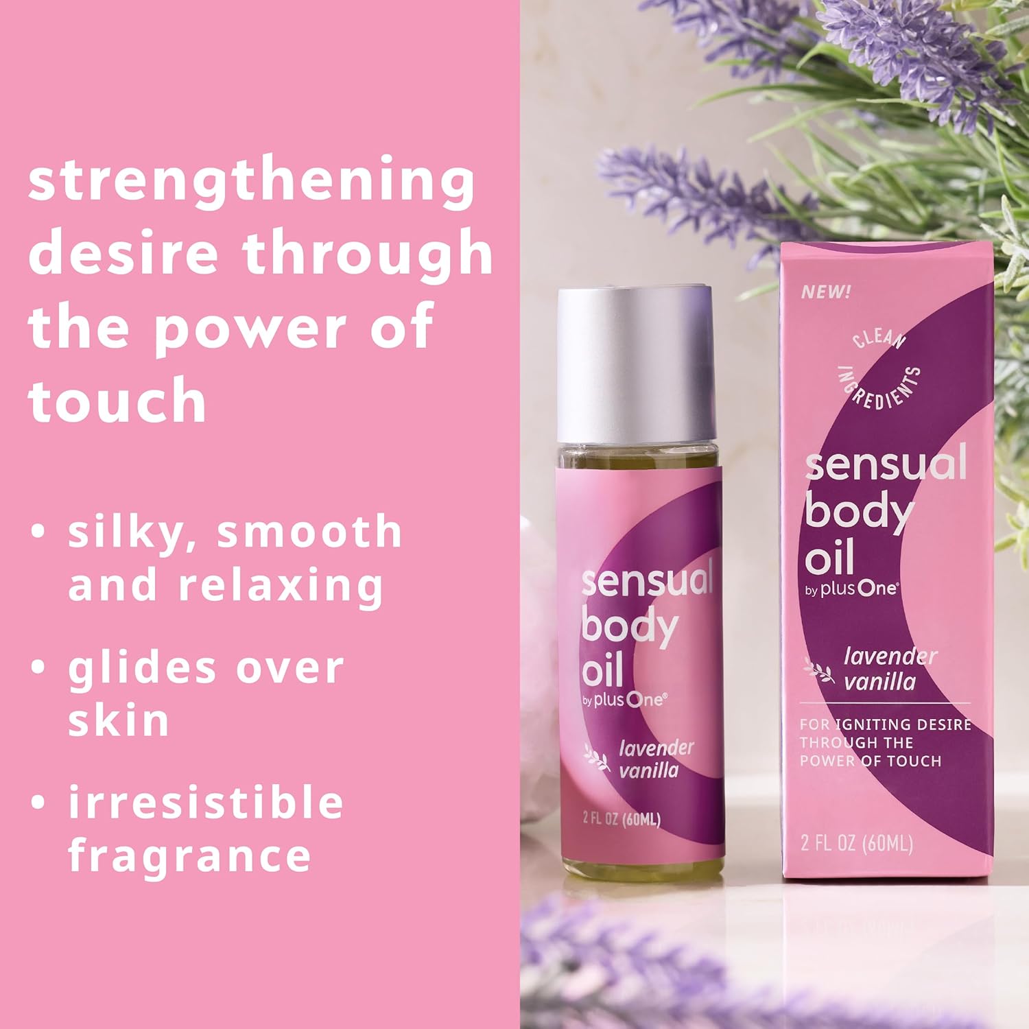plusOne Sensual Body Oil – Lavender Vanilla Massage & Intimate Oil – Plant-Based Blend with Coconut, Jojoba & Sweet Almond Oil – Vegan & Cruelty-Free – 2 fl oz