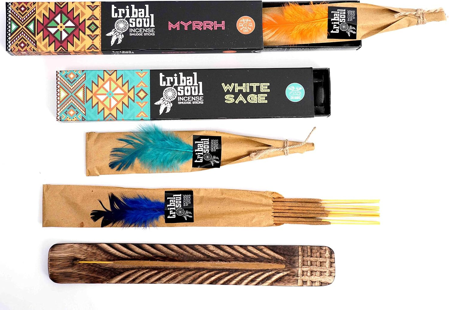 Tribal Soul INTB(8) Incense Smudge Sticks, Assorted Gift Set Includes 8 Fragrances (15g, Each), Exotic Mango Wood Hand Carved Feather Incense Burner Included