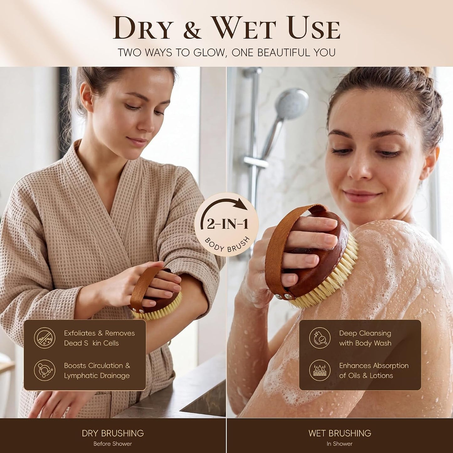 DEBETOOL Dry Brushing Body Brush - Natural Boar Bristle Exfoliating Brush for Lymphatic Drainage & Cellulite, Medium Firmness Body Brush for Dry Skin Self Care