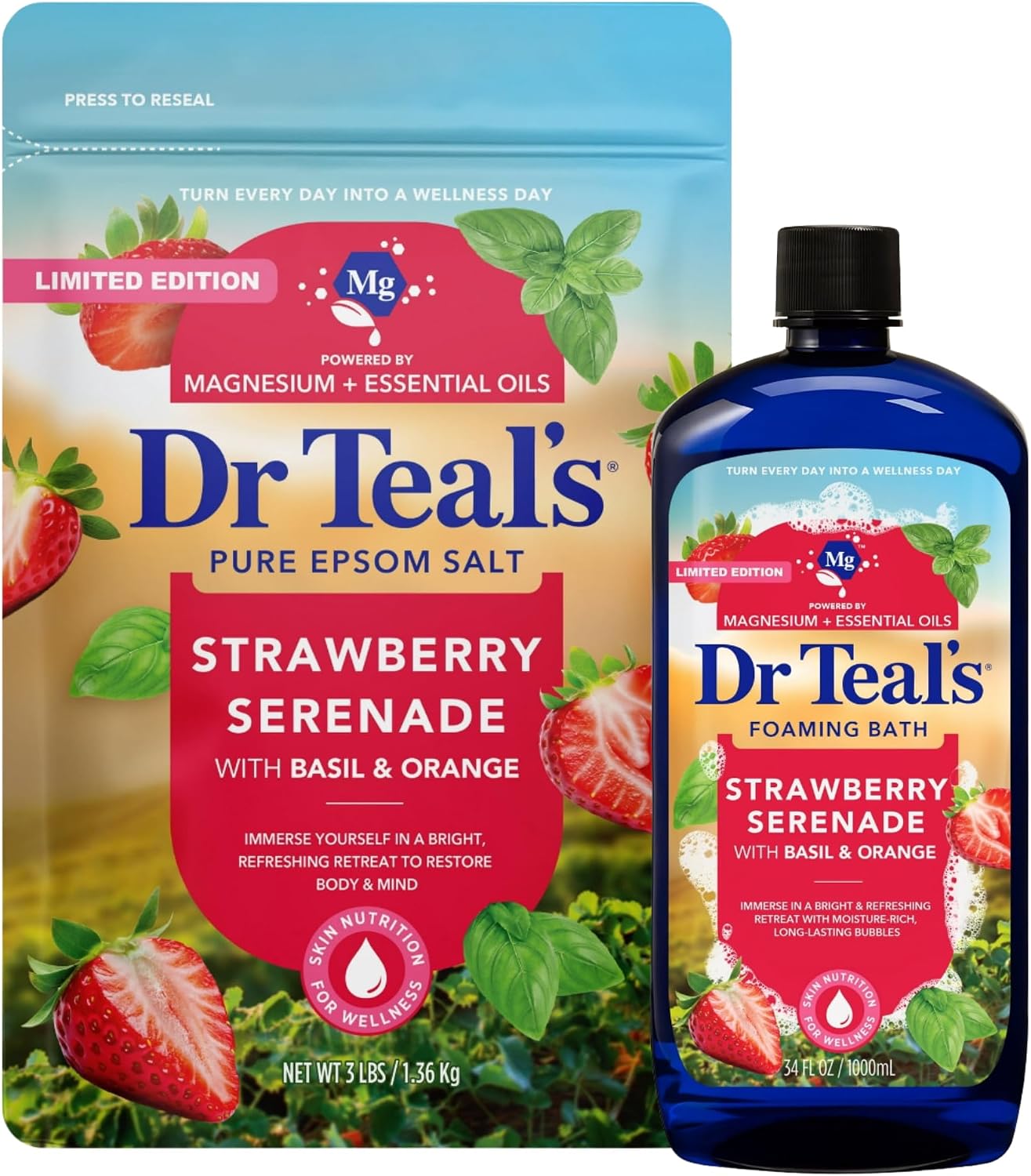 Dr Teal's Limited Edition Strawberry Serenade Pure Epsom Salt and Foaming Bath Set with Basil & Orange