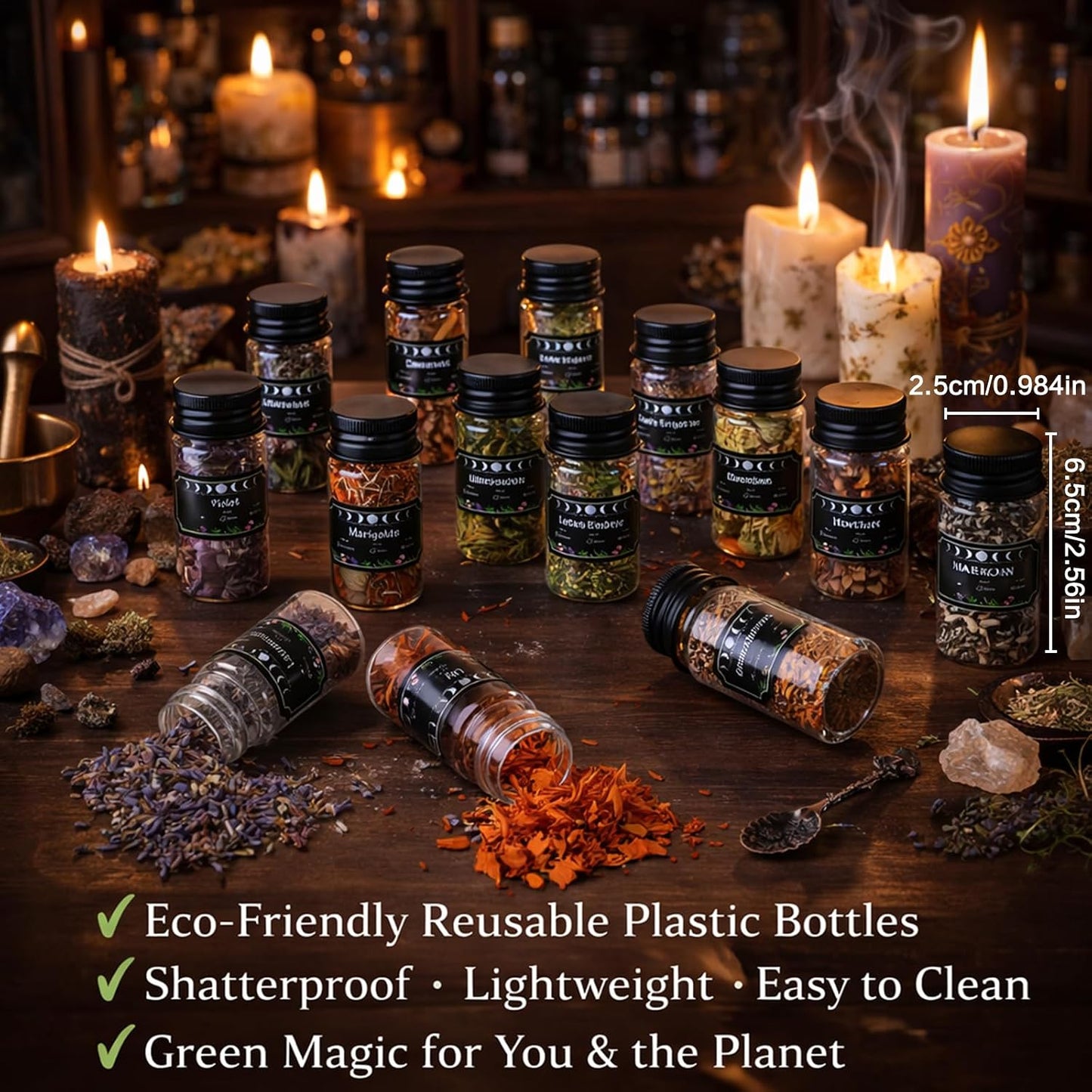 45PCS Herbs for Witchcraft - Wiccan Supplies and Tools - Witchcraft Supplies Dried Flowers Kit for Witch Beginner, Wicca Altar Supplies, Magic Spell, with Witchy Spoon, Witchy Gifts for Women