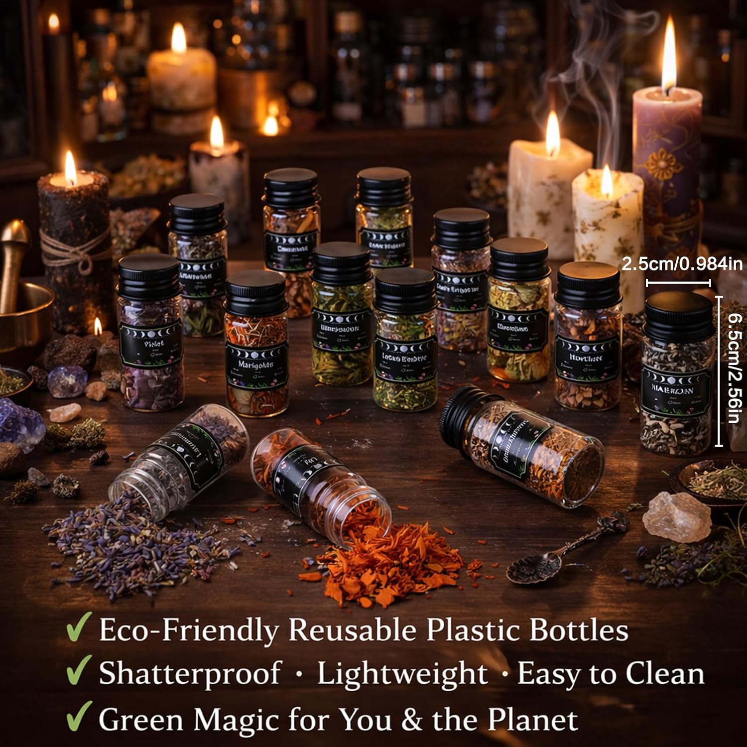45PCS Herbs for Witchcraft - Wiccan Supplies and Tools - Witchcraft Supplies Dried Flowers Kit for Witch Beginner, Wicca Altar Supplies, Magic Spell, with Witchy Spoon, Witchy Gifts for Women