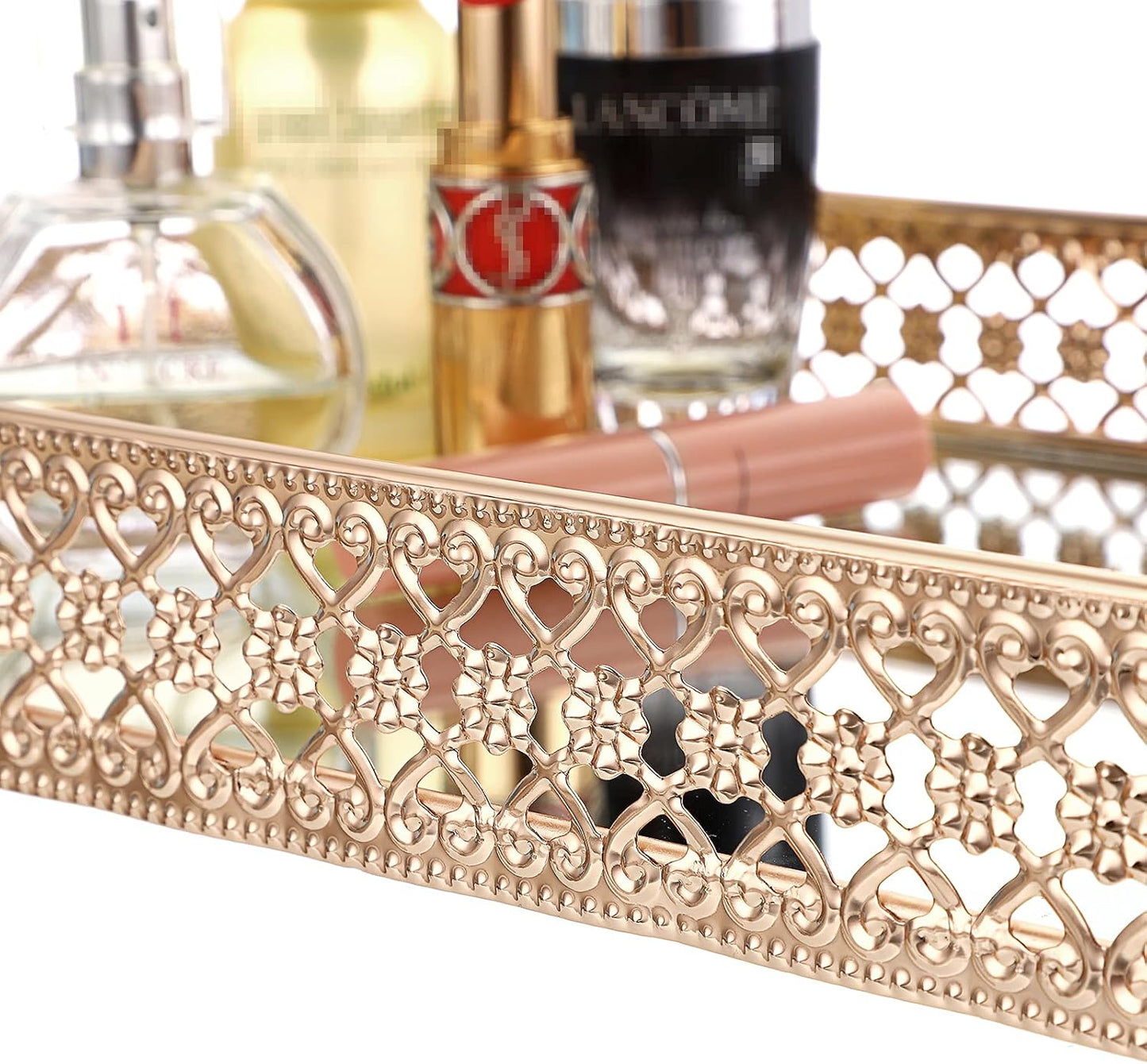ELLDOO Gold Perfume & Makeup Vanity Tray - Hollow-Carved Jewelry Storage, Glass & Metal Trinket Organizer for Dresser & Bathroom Countertop, Large Size
