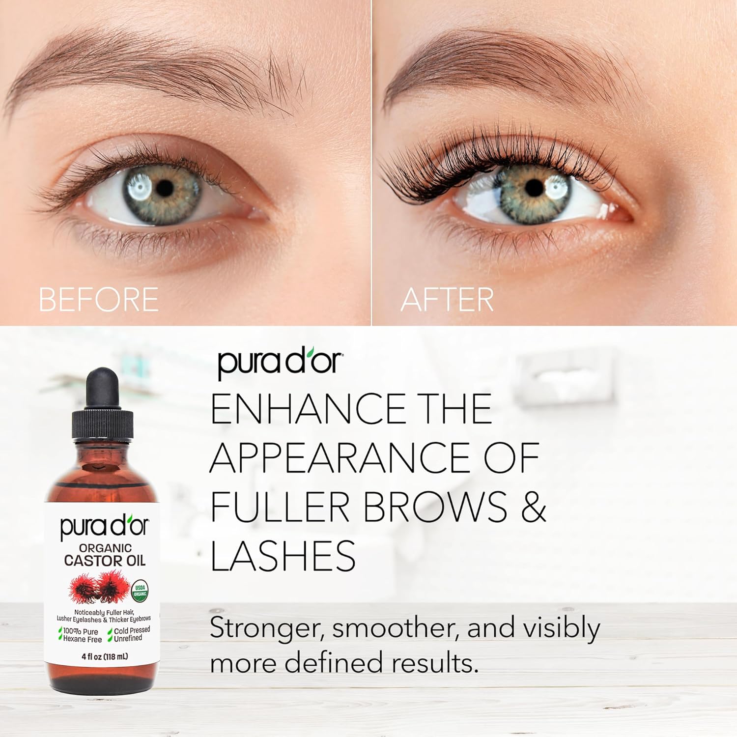 PURA D'OR Organic Castor Oil – Pure Cold-Pressed, Hexane-Free, USDA Certified - Hair, Lashes, Brows, Scalp, Skin: Supporting Softness, Strength, Hydration, Shine & Radiance 4 Oz Hair Regrowth Tonic