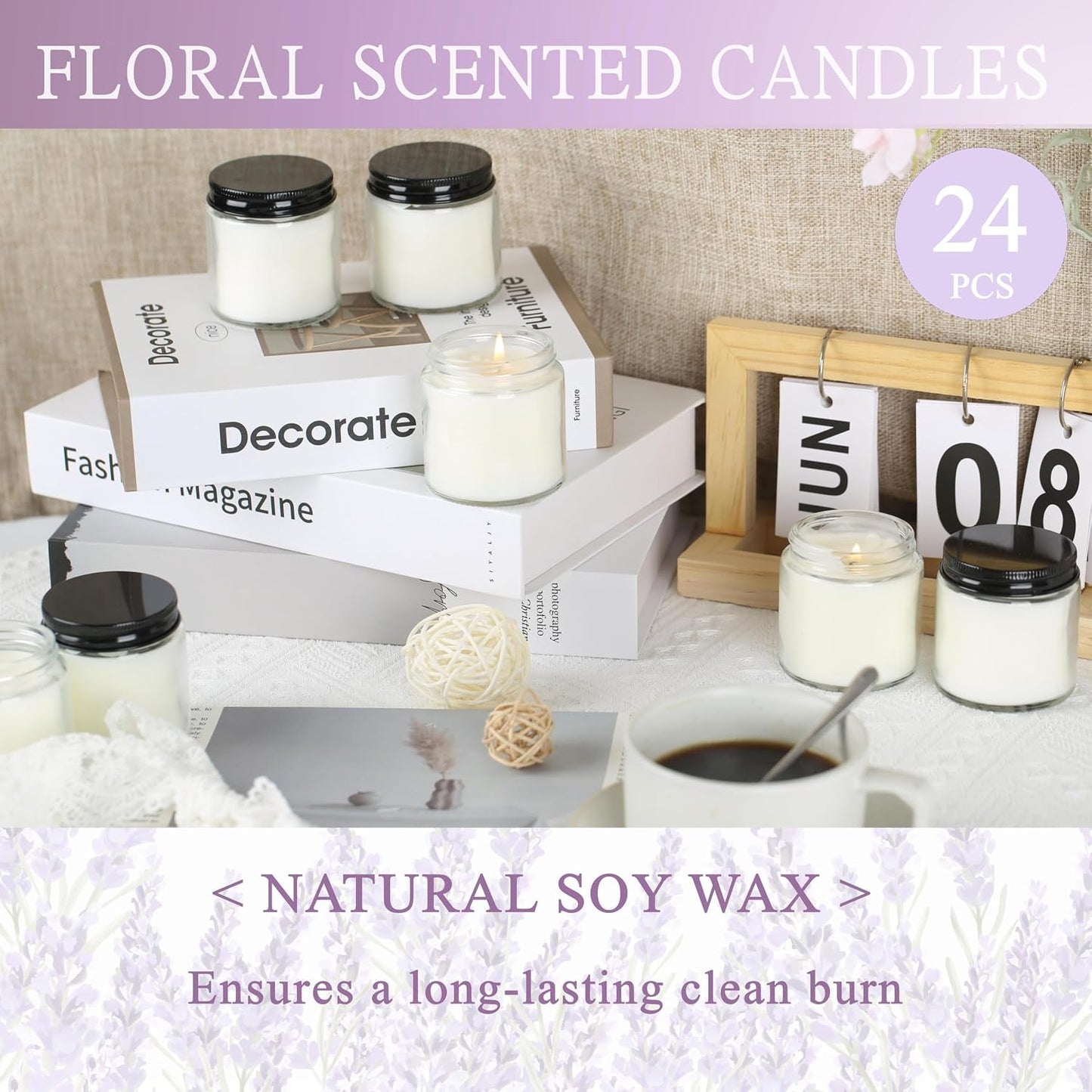 24 Pcs 4 Oz Mason Jar Candles, Lavender Scented Soy Candles Bulk Set for Stress Relief and Relaxation, Great Favors for Wedding, Christmas, Housewarming Gifts (Black, Lavender, 24)