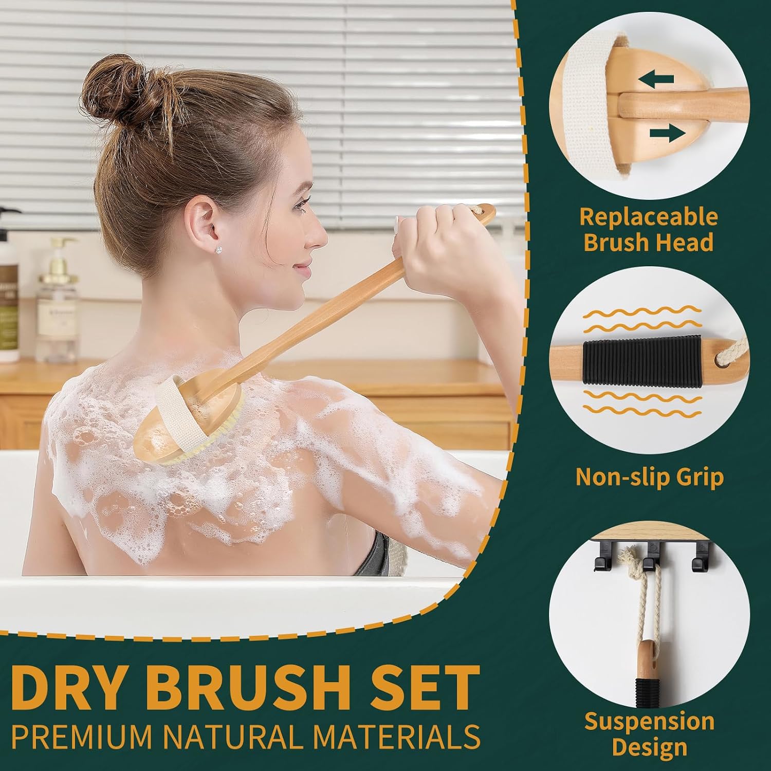 DEBETOOL Dry Brush Set for Body & Face - Dry Brushing Body Brush with Long Handle & 3 Replacement Heads (Soft/Medium/Firm) for Lymphatic Drainage Cellulite