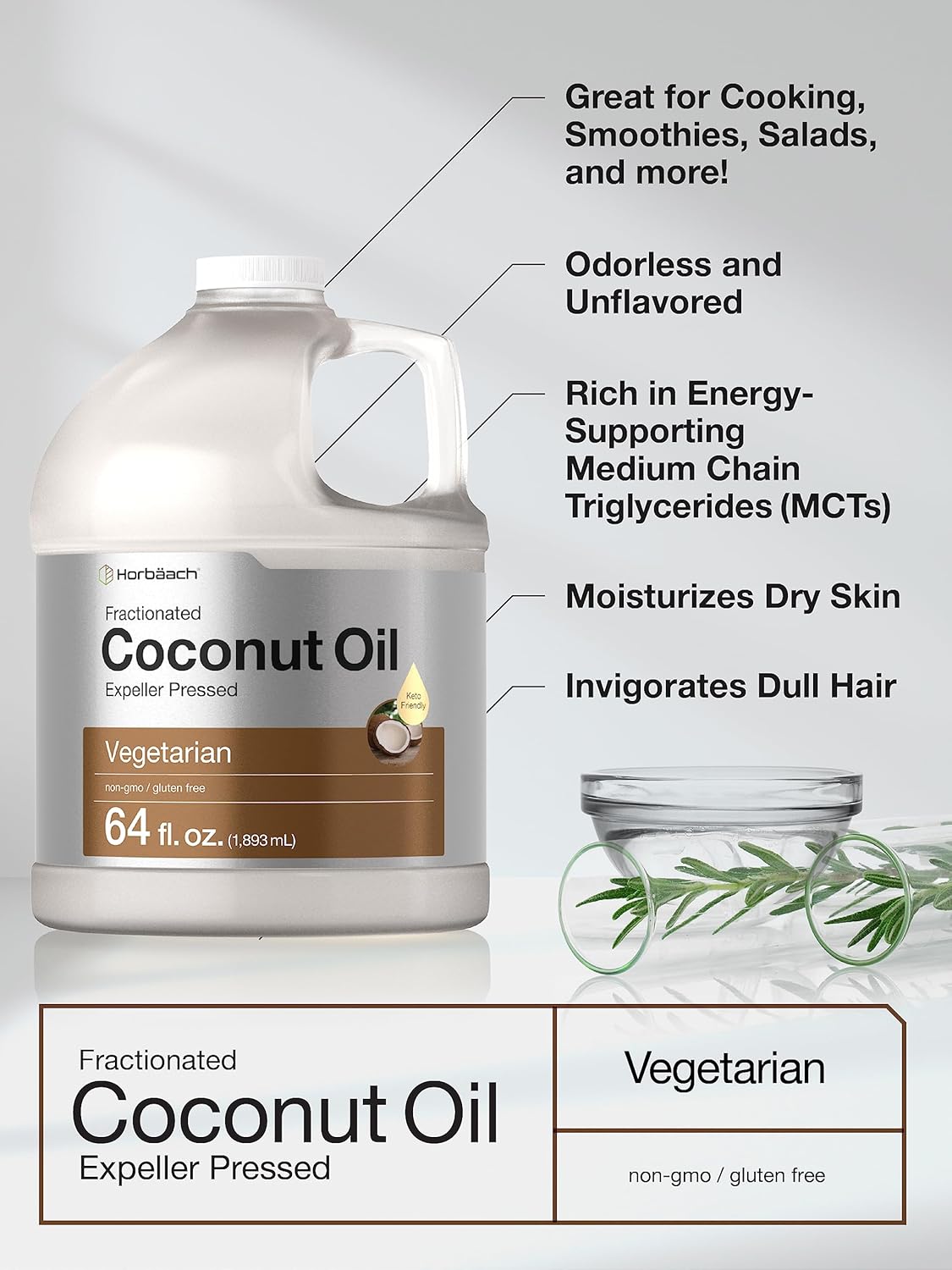 Horbäach Coconut Oil for Cooking | Liquid | 64 oz | Fractionated & Unflavored | Keto Friendly | Vegetarian, Non-GMO & Gluten Free