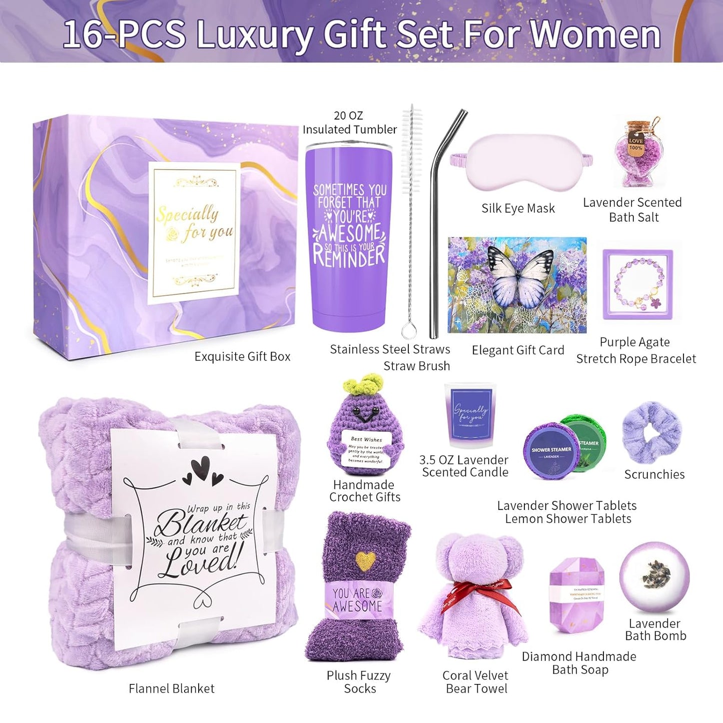 Spa Gifts for Women, Lavender 16 Pcs Mothers Day Gifts for Mom Wife Friend Daughter Sister, Self Care Gift Baskets for Women, Thank You, Get Well, Sympathy Inspirational Care Package Spa Basket