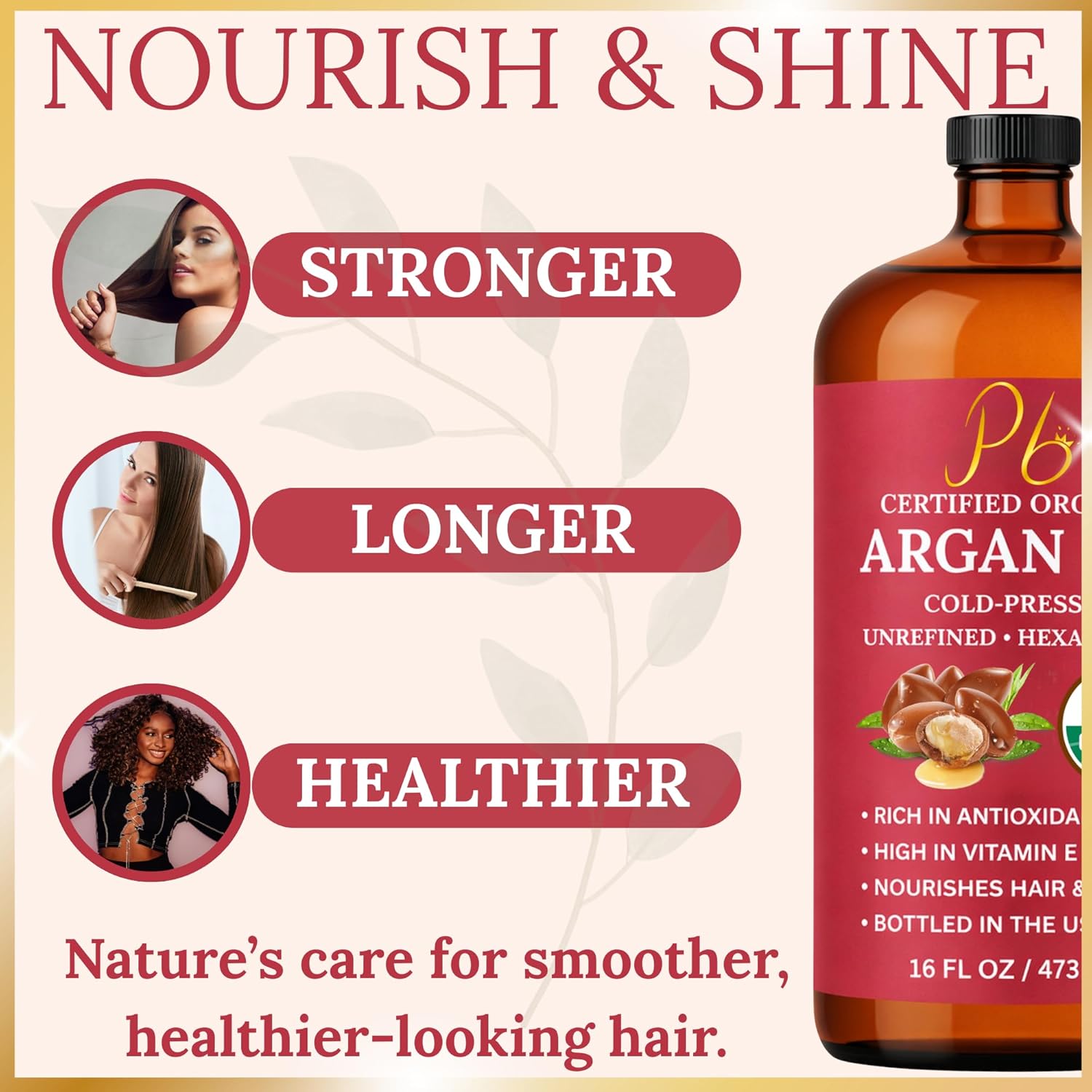 Argan Oil, 16 fl oz Glass Bottle with Pump, Organic Moroccan Argan Oil for Hair, Skin, Face & Nails, USDA Certified Organic, Cold-Pressed Unrefined Hexane-Free Carrier Oil for Essential Oils