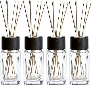 WHOLE HOUSEWARES Natural Diffuser Reeds Bottles Sticks | Clear Glass Home Décor for Kitchen and Living Room | Black Wood Caps | Décorative Fragrance Set with Long Lasting Aroma - Set of 4