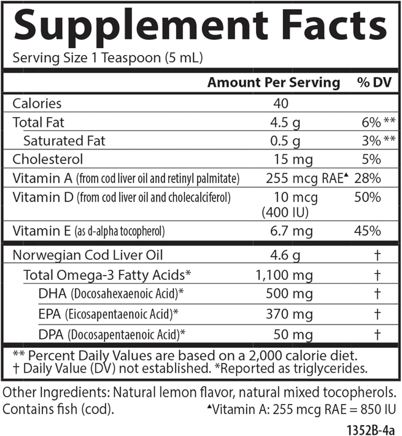 Carlson - Cod Liver Oil 1100 mg Omega-3s Plus Vitamins A & D3, Wild Caught Norwegian Arctic, Sustainably Sourced Nordic Fish Oil Liquid, Lemon, 500 mL (16.9 Fl Oz)