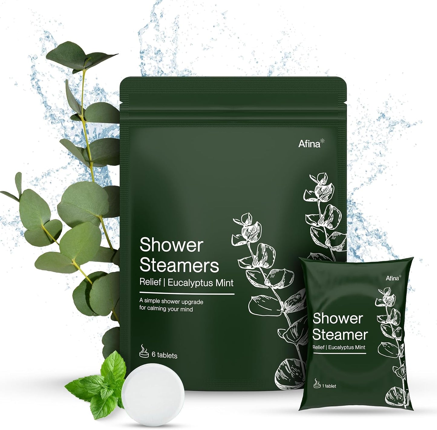 Afina Shower Steamers | Relief | Eucalyptus Mint | Natural Aromatherapy for Stress Relief and Relaxation | Spa Gifts for Women & Men (6 Count)