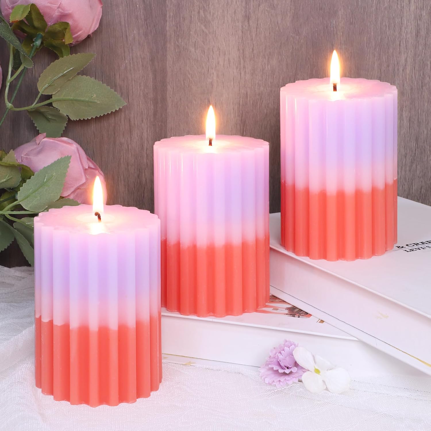 Ribbed Pillar Candles Purple Coral Gradient Vanilla Scented 3x4 Inch Candle Handmade Striped Aesthetic Retro Textured Pillar Candle for Boho Home Decor, Coffee Table, Weddings Party, 3-Pack