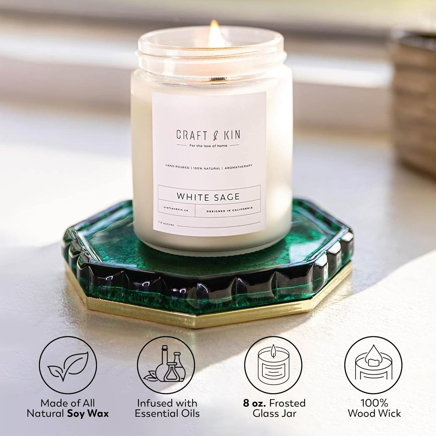 Craft & Kin Premium White Sage Scented Candle – Long Lasting, 45 Hour Burn Time – Luxury Natural Soy Scented Candle – Room Decor and Aromatherapy – 8 oz