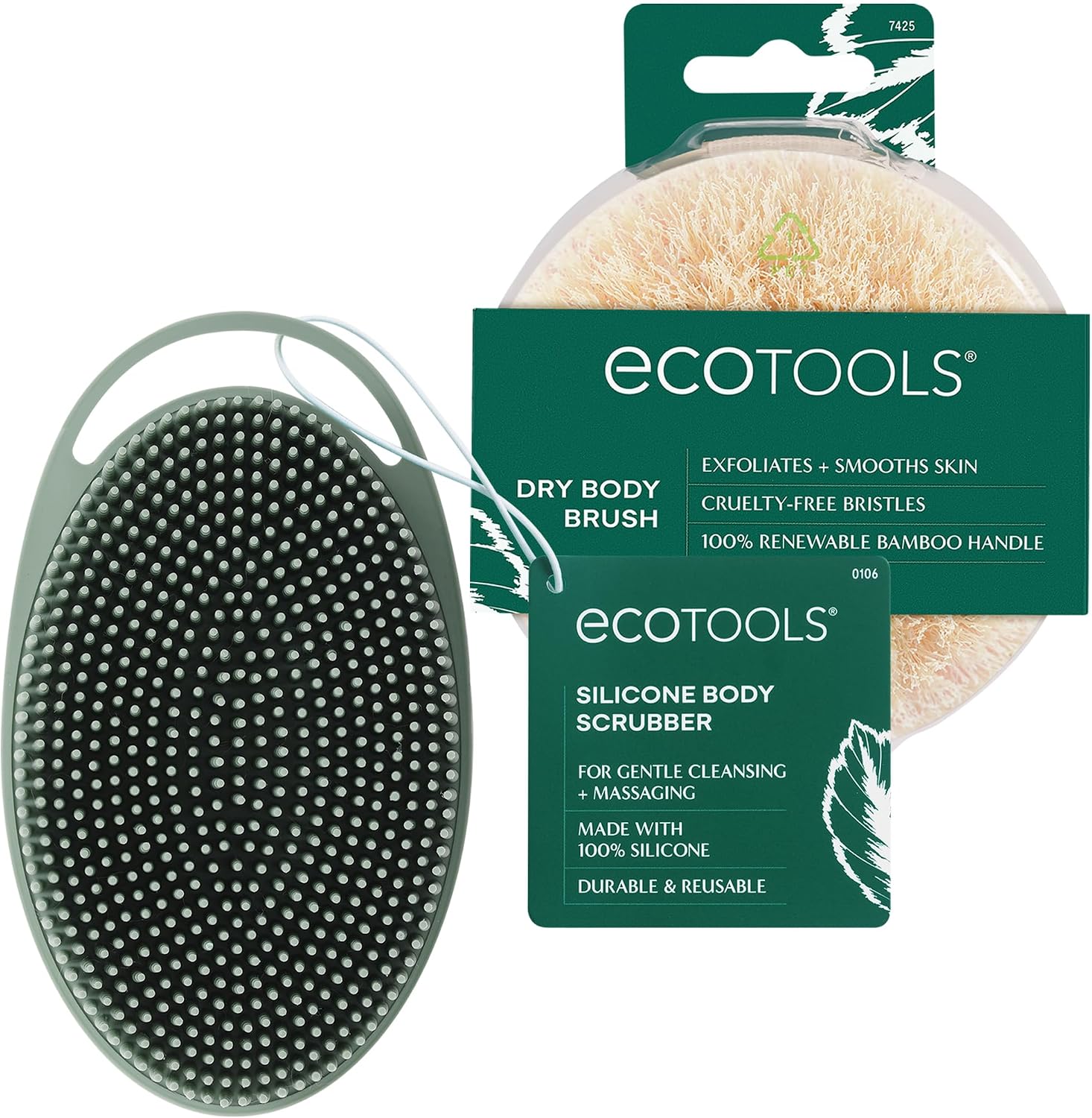 EcoTools Dry Body Brush for Circulation, Dead Skin Removal + Sage Green Silicone Body Scrubber & Massager for Exfoliating, Cleansing & Self-Care Gifts
