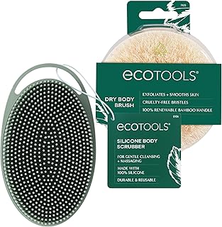 EcoTools Dry Body Brush for Circulation, Dead Skin Removal + Sage Green Silicone Body Scrubber & Massager for Exfoliating, Cleansing & Self-Care Gifts