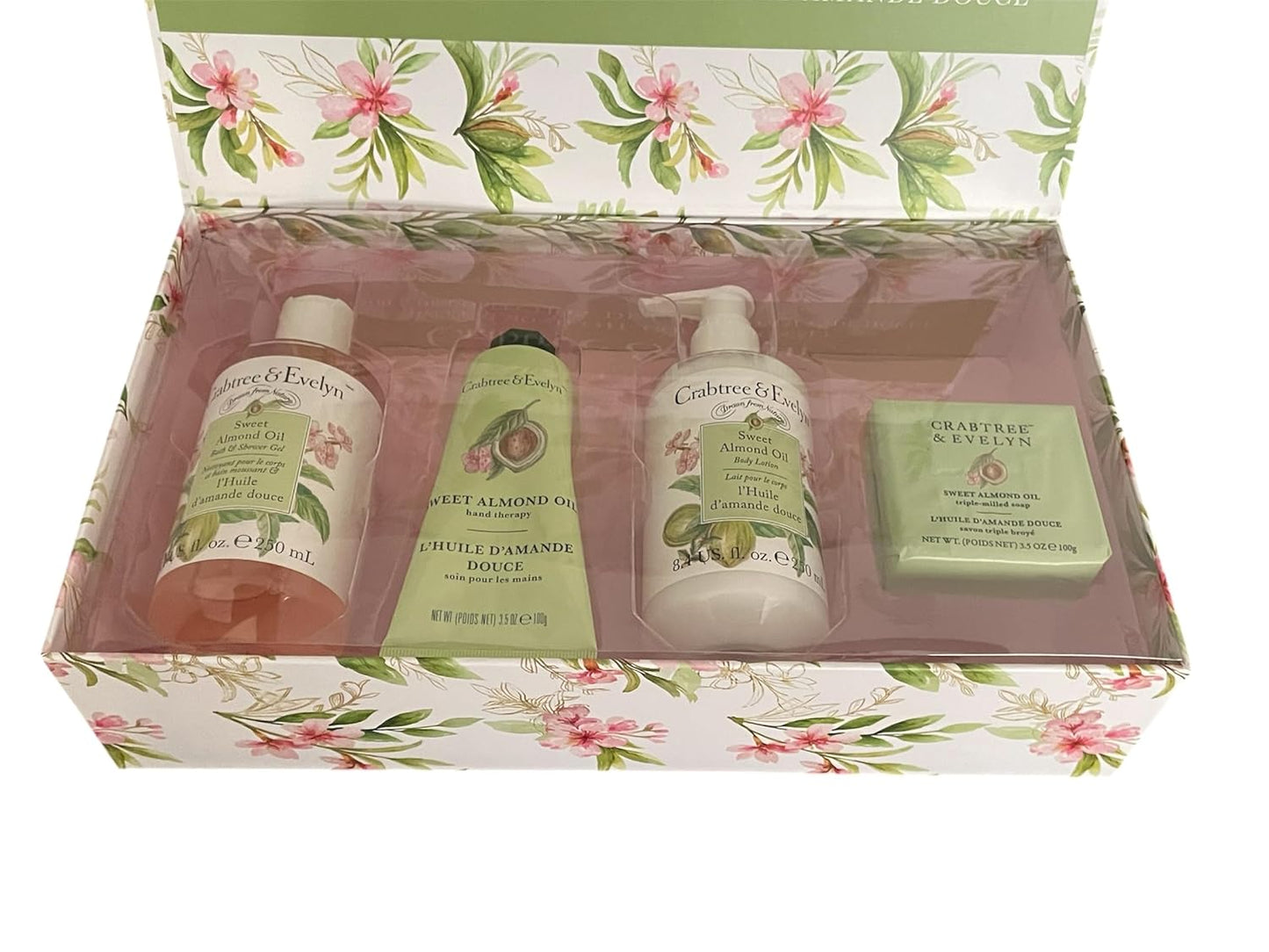 Crabtree & Evelyn Sweet Almond Oil Collection Set (Bath & Shower Gel 8.4 fl oz, Hand Therapy 3.5 oz, Body Lotion 8.4 fl oz, Bar Soap 3.5 oz)