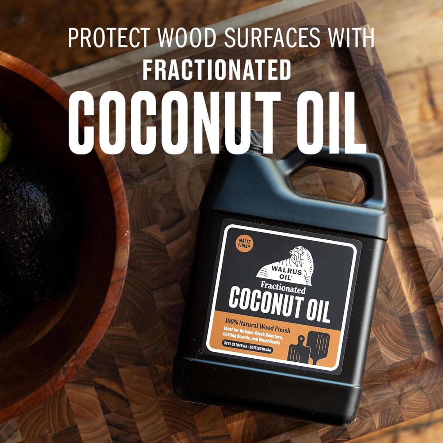 WALRUS OIL - Fractionated Coconut Oil, 100% Natural Wood Finish Conditioner and Cutting Board Oil, Food-Contact Safe, 32oz Jug