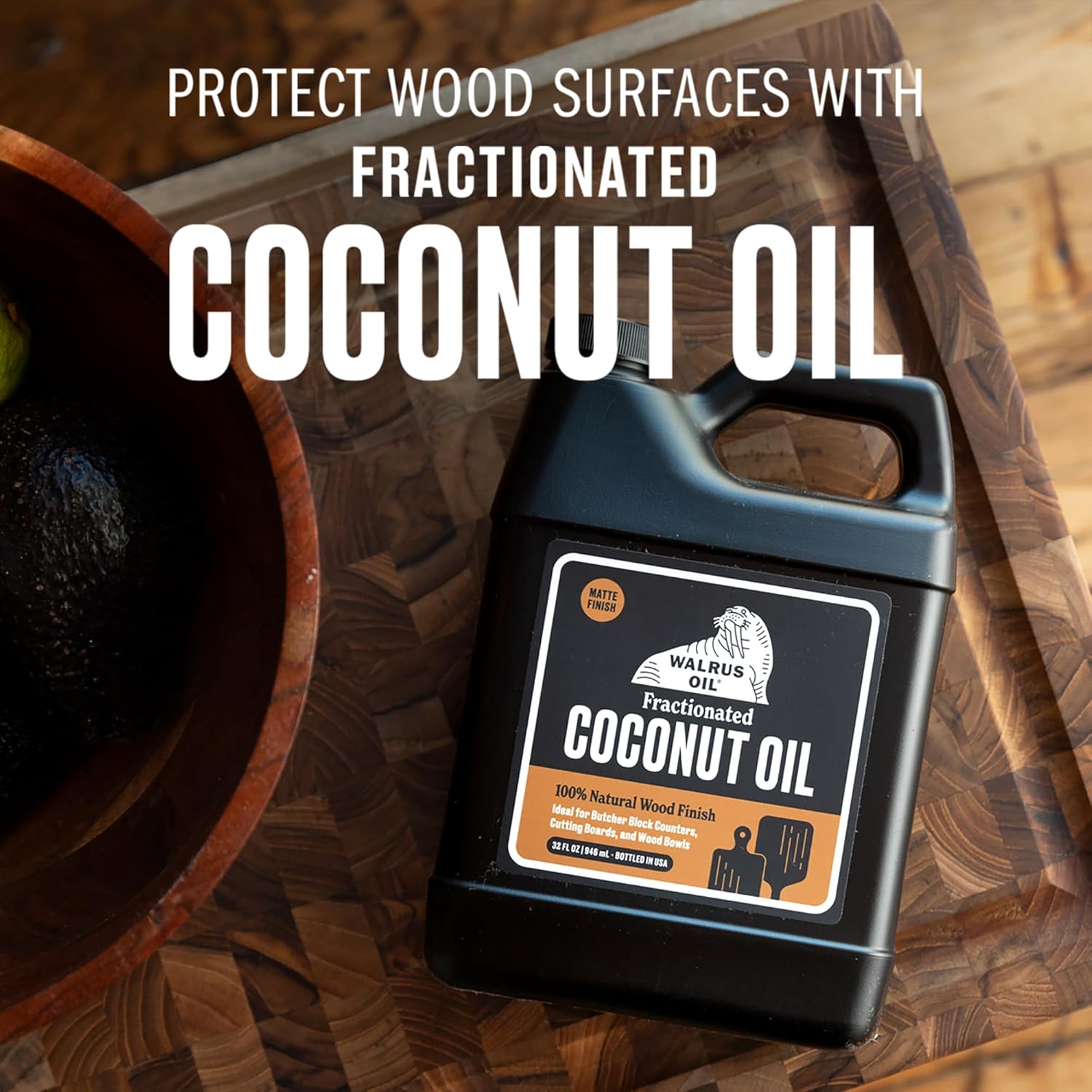 WALRUS OIL - Fractionated Coconut Oil, 100% Natural Wood Finish Conditioner and Cutting Board Oil, Food-Contact Safe, 32oz Jug