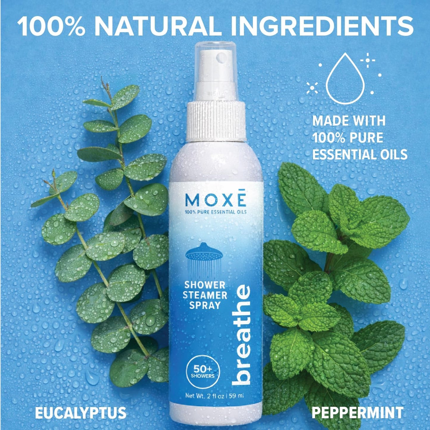 MOXĒ Shower Steamer Spray Breathe Essential Oil Shower Spray – Relaxing Aromatherapy Mist for Home Spa Experience – Pure Plant Based Fragrance for Daily Routine – 1 Pack, 2oz