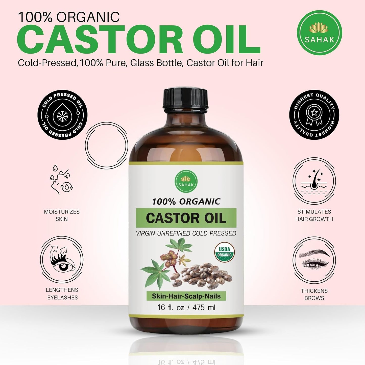 Extra Virgin USDA 100% Organic Castor Oil for Hair, Brows, Lashes & Skin – Cold-Pressed, Hexane-Free, Mess-Free Pump in 16oz Glass Bottle